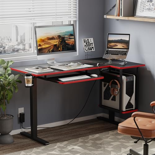 Bestier L Shaped Electric Standing Desk Adjustable Height with Keyboard Tray, Host Shelf & Pegboard (Black 3D Carbon Fiber with Red Edge) - WoodArtSupply