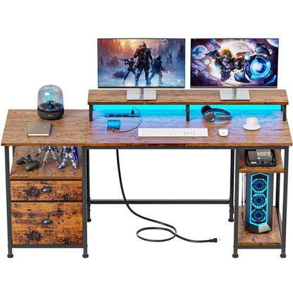 Furologee 61" Computer Desk with Power Outlet and USB Ports, Large Desk with Shelves and Drawer, Writing Study Desk with Fabric File Cabinet and Long Monitor Stand, Gaming Desk for Home Offic - WoodArtSupply