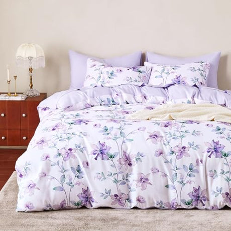 Wake In Cloud - Floral Duvet Cover Set, Cottagecore Cottage Rustic Farmhouse Style with Botanical Flowers and Leaves Pattern, Soft Lightweight Bedding, 3-Piece, Purple White, Twin/Twin XL Size Wake In Cloud
