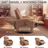 JUMMICO Small Swivel Rocker Recliner, 360 Rocking Chair Recliner with Massage, Upholstered Leathaire Rocker Recliner with Cup Holder for Living Room, Bedroom, Nursery (Dark Brown)