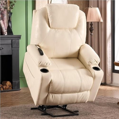 Electric Lift Recliner Chair for Elderly with Heated Massage Lay Flat Function Infinite Position PU Faux Leather Sofa USB Type C Port Cup Holders Cream White Upholstery Comfortable Reclining SDKOLPBNMZX