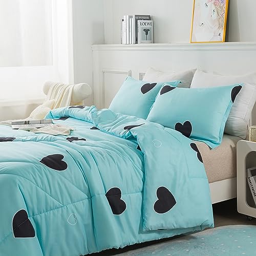 Caressma Comforter Set Twin Size - Light Blue Cute Heart Print Comforter Bedding Set, Soft Microfiber Comforter Set with Pillowsham Caressma