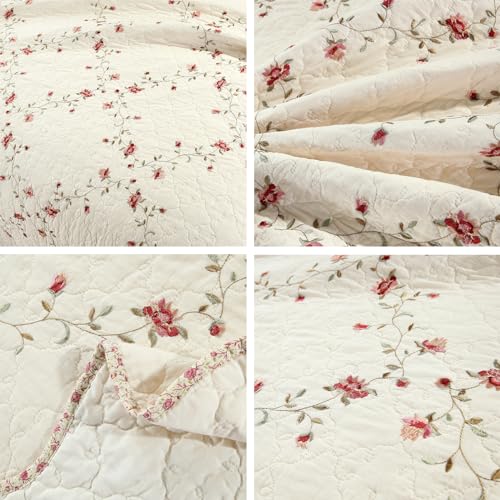 vctops 3-Piece Floral Embroidered Bedspread Coverlet Set 100% Cotton Reversible Patchwork 1 Quilt and 2 Pillow Shams Full/Queen, Flower vctops