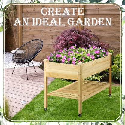 Suzile 2 Pcs Raised Garden Bed on Wheels, 48 x 24 x 30 Inch Elevated Wood Planter Box with Legs and Storage Shelf Wooden Raised Garden Bed with Drain Holes for Vegetable Flower Herb Outdoors Backyard