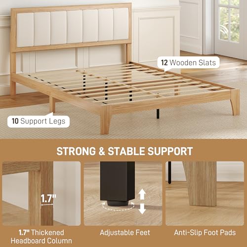 HOMCOM Queen Size Bed Frame with Upholstered Headboard, Platform Bed Frame with Wooden Slats, No Box Spring Needed, Easy Assembly, Natural HOMCOM