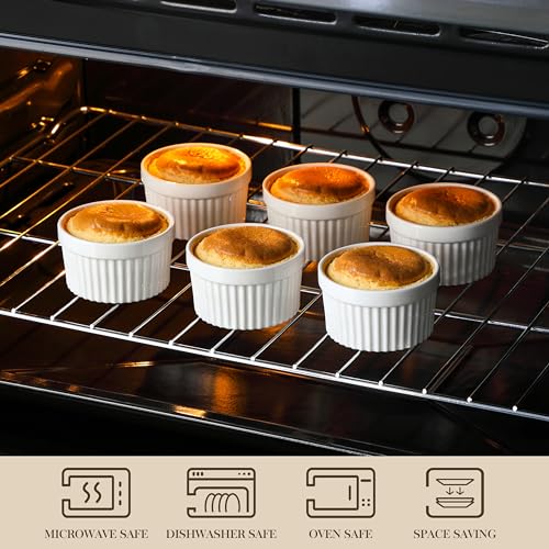 MALACASA Ramekins 6 oz Oven Safe, Porcelain Creme Brulee Ramekins Pudding Custard Cups Small Ceramic Souffle Dishes Ramakan Ramiken Ramicans Baking Bowls Set of 6, White, Series RAMEKIN-DISH MALACASA