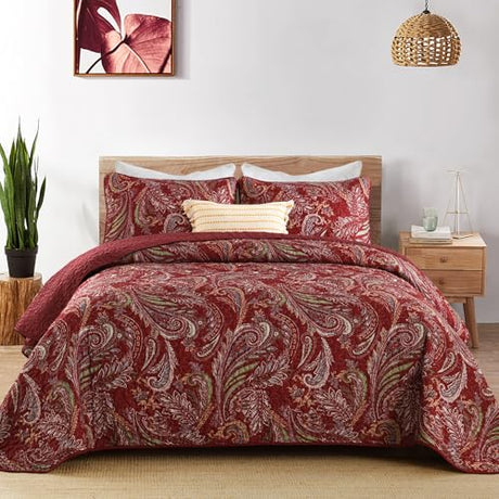 WONGS BEDDING Boho Quilt Set Queen,3 Pieces Red Paisley Pattern Bedspread Coverlet Set,Lightweight Microfiber Bohemian Bedding Set for All Season 96"×90" WONGS BEDDING