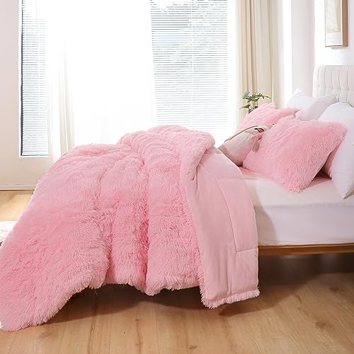 Smoofy Fluffy Full Size Comforter Set, Faux Fur Pink Comforter Set, Luxury Fuzzy Bedding Set, Soft Shaggy Full Bed Set for All Season, 3 Pieces - 1 Comforter & 2 Pillowcases Smoofy