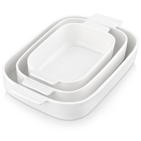 MALACASA Casserole Dishes for Oven, Porcelain Baking Dishes Set of 3, Durable Casserole Dish Set Lasagna Pan Deep, Ceramic Bakeware Sets with Handles, White (13.8''/11.7''/9.4''), Series Bake MALACASA