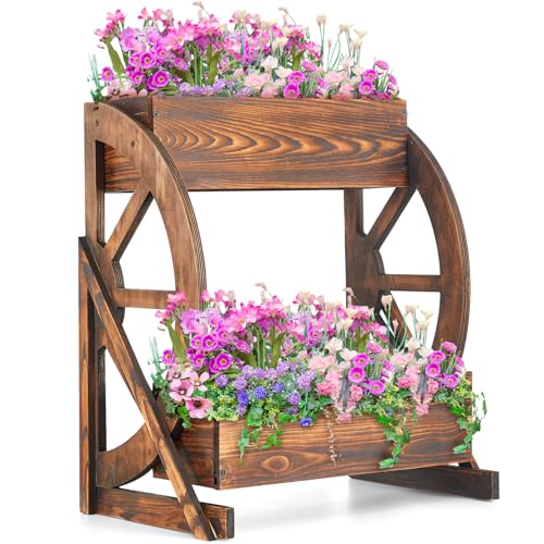 Beeveer 2 Tier Raised Garden Bed 21.75" x 12.5" x 22" Wooden Wagon Planter Box with Wheel Drainage Holes Decorative Elevated Wagon Wheel Decor for Flowers Herbs Vegetables Indoor Outdoor Patio Balcony