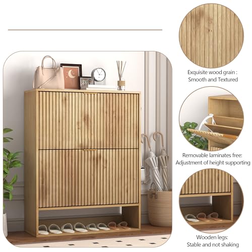 Takywep Fluted Shoe Cabinet Storage for Entryway with 2 Flip Drawers & Bottom Open Shelf, Narrow Shoe Rack Cabinet with Side Hooks, Freestanding Slim Shoe Organizer Cabinet for Foyer, Hallway, Oak Takywep