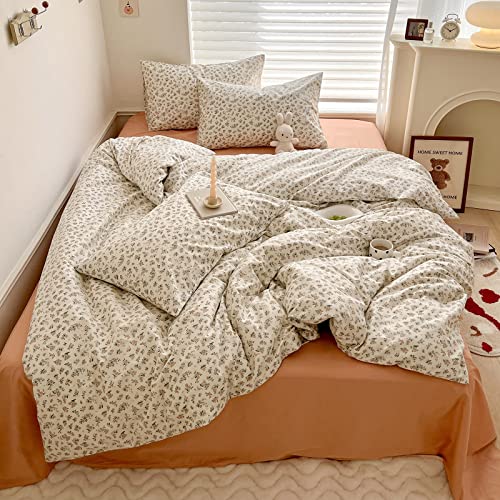 Aesthetic Floral Duvet Cover King Cozy Cotton Bedding Set King Shabby Chic Green Botanical French Style Duvet Cover Set Off White Comforter Cover with Fresh Flower Pattern, Breathable, Lightweight MOTNTD