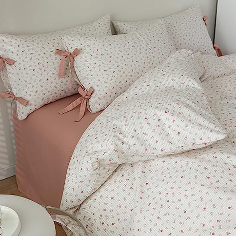 VM VOUGEMARKET Pink Flower Stripes Duvet Cover Set Twin 100% Cotton Blossom Duvet Cover with Zipper Closure,Cottagecore Bedding Set for Girls Women-68 x86,Off-White VM VOUGEMARKET