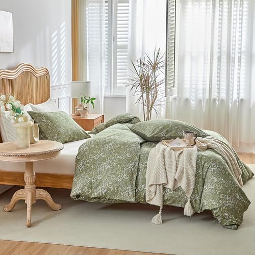 AMWAN King Size Comforter Set Olive Green 3 Pieces King Boho Floral Bedding Set, All Season King Bedding Sets with 1 Comforter and 2 Pillowcases, Soft Thick Aesthetic Comforter Sets AMWAN