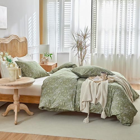 AMWAN King Size Comforter Set Olive Green 3 Pieces King Boho Floral Bedding Set, All Season King Bedding Sets with 1 Comforter and 2 Pillowcases, Soft Thick Aesthetic Comforter Sets AMWAN