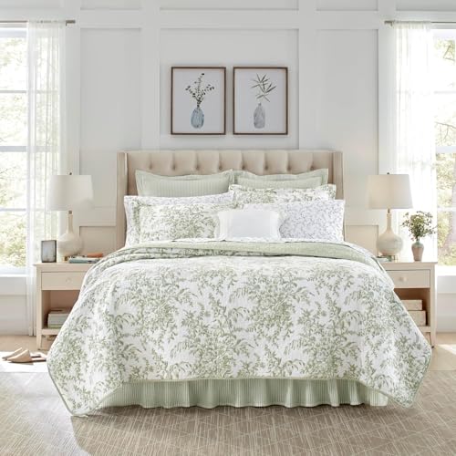 Laura Ashley - Twin Quilt Set, Reversible Cotton Bedding with Matching Sham, Lightweight Home Decor for All Seasons (Bedford Green/Off-White, Twin) Laura Ashley