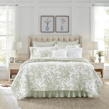 Laura Ashley - Twin Quilt Set, Reversible Cotton Bedding with Matching Sham, Lightweight Home Decor for All Seasons (Bedford Green/Off-White, Twin) Laura Ashley