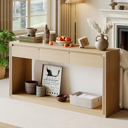 Treocho 63.9" Long Console Tables for Entryway, Farmhouse Entryway Table with Drawers, Narrow Sofa Table Behind Couch Table for Living Room, Entrance, Hallway, Natural Treocho