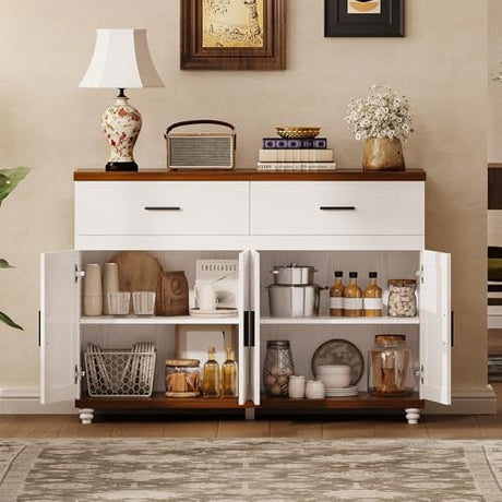 IRONCK Farmhouse 47.2" Sideboard Buffet Cabinet, White Coffee Bar Cabinet with 2 Drawers & Doors, Credenza Storage Cabinet for Kitchen, Living Room or Entryway IRONCK
