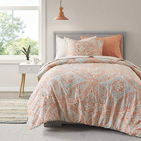 Comfort Spaces Bed in A Bag - Trendy Casual Design Cozy Comforter with Complete Sheet Set with Side Pocket, All Season Cover, Matching Shams, Twin XL(66 in x 90 in), Gloria, Damask Coral 6 Piece Comfort Spaces