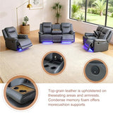 Daydo Sempli Power Recliner Sofa Set with LED/USB Port/Cup Holder,Breathing Leather Reclining Couch Set,Living Room Furniture Sets with Storage,for Living Room,House,Office(3-PCS, Deep Gray)