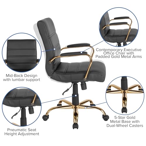 Flash Furniture Whitney Mid-Back Swivel LeatherSoft Desk Chair with Wheels, Padded Seat and Armrests, Adjustable Height Padded Office Chair, Black Flash Furniture