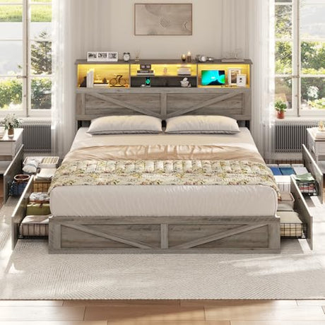 VIAGDO Farmhouse Bed Frame King Size with Bookcase Storage Headboard, Charging Station and LED Lights, Wooden King Bed Frame with 4 Drawers, Barn Door Design, No Box Spring Needed, No Noise, Grey VIAGDO