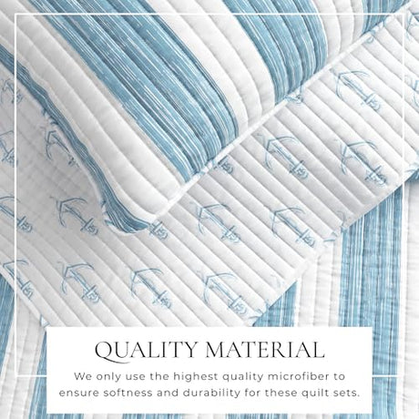 Great Bay Home Twin/Twin XL Coastal Bedding Set, Summer Coastal Quilt with Sham, Beach 2-Piece Reversible All Season Bedspread Quilt Set. Lightweight Nautical Quilted Coverlet. Blue Great Bay Home