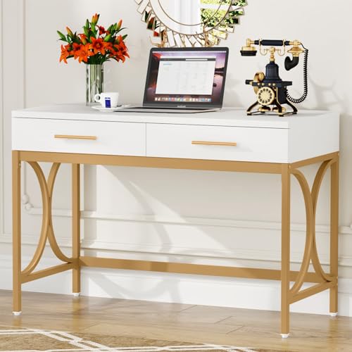 Tribesigns Modern Computer Desk with 2 Drawers, 41 Inches Study Writing Office Desk for Home Office, Bedroom, Makeup Vanity Table Desk with Gold Metal Frame, White & Gold