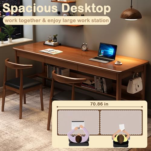 Ytaoka 70.86" Long Solid Wood Desk with 3 Drawers Home Office Computer Desk Mid Century Modern Large Study Writing Desk Simple Real Wood Desk Study Table Workstation, Walnut Ytaoka