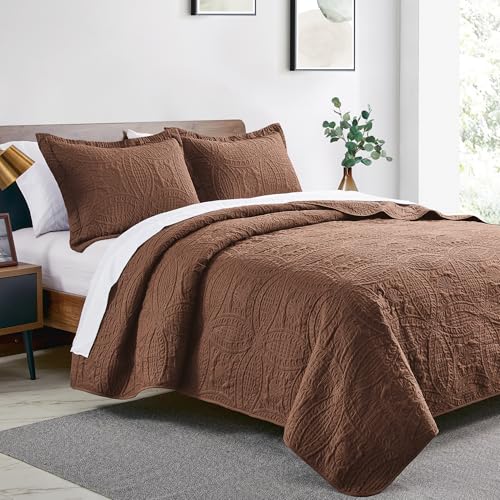 Love's cabin Quilts for Queen Bed Brown Bedspreads Bedding Set - Lightweight Bedspread Comforter - Coin Pattern Bedding Coverlet for All Season - 3 Pieces (1 Quilt, 2 Pillow Shams) Love's cabin