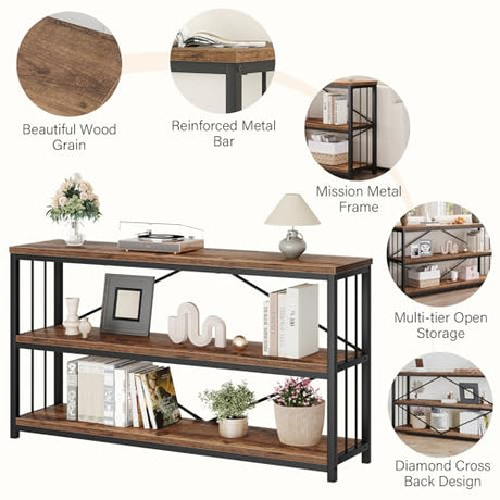 LVB Industrial Console Entryway Table, Metal Wood Rustic Sofa Table with Storage, Farmhouse 3 Tier Shelf Long Hallway Foyer Entry Tables Behind Couch for Home Living Room Entryway, Rustic Brown, 55 In LVB