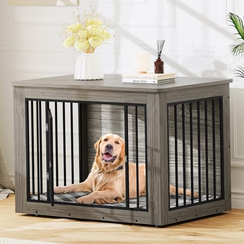 YITAHOME Dog Crate Furniture for Large Dogs, Side End Table, Modern Dogs Kennel Indoor up to 80 lb, 2-in-1 Iron-Wood Fusion Dog Cage with Waterproof Top, Safety Corners, Steel Lock,43" L,Greige