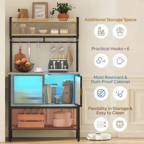 Bestier Retro Grey Oak 5-Tier Multifunctional Bakers Rack with Storage Cabinet & LED Light Bestier