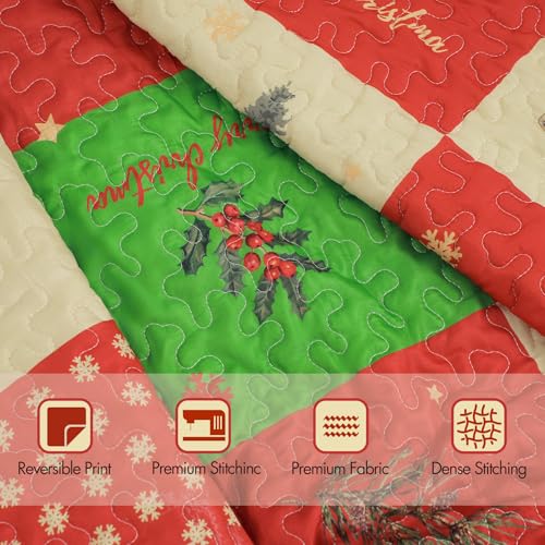ROMROL Christmas Quilt Set King Size, Red Plaid Christmas Bedding Comforter Set Lightweight Patchwork Elks Quilted Coverlet Bedspread with 2 Pillow Shams（96 * 90”） ROMROL