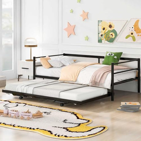 Nahenduo Twin Size Daybed with Pop up Trundle & Adjustable LED Lights, Futon Frame Bed, Metal Sofa Bed Frame for Living Room Bedroom Guest Room, Small Space, No Box Spring Needed (Black) Nahenduo