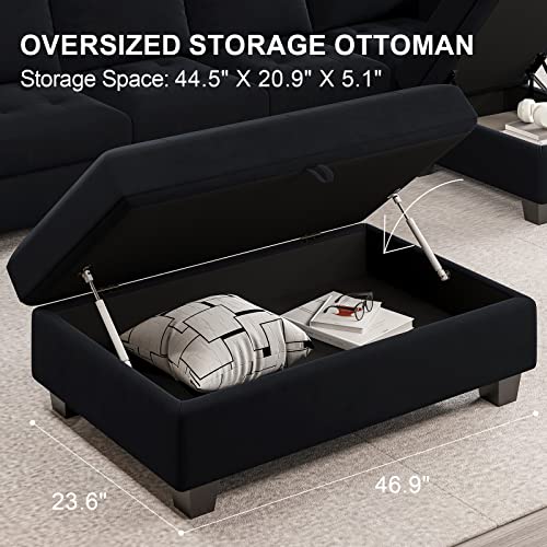 Belffin Velvet Convertible 4-Seat Sectional Sofa with Reversible Chaise L Shaped Sofa Couch Furniture Sets Sectional Couch with Storage Ottoman Black Belffin