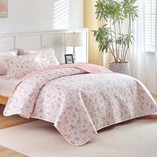 Joyreap 3 Pieces Cotton Quilt Set for Girls, Full/Queen Size Pink Flowers Floral Design, Cozy Lightweight Quilt Bedspread Bed Cover for All Season, 1 Quilt and 2 Pillow Shams- 90x90 inches Joyreap
