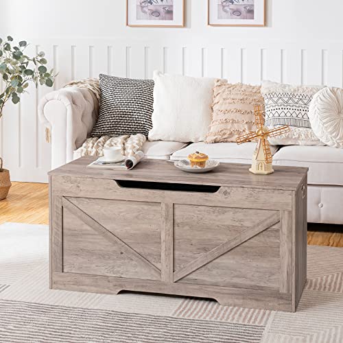 HOOBRO Storage Bench, 43.3” Retro Wooden Storage Chest with U-Shaped Cut-Out Pull, Safety Hinge, Supports 220 lb and Easy Assembly for Toy Box Organizer (Greige) BG772CW01 HOOBRO