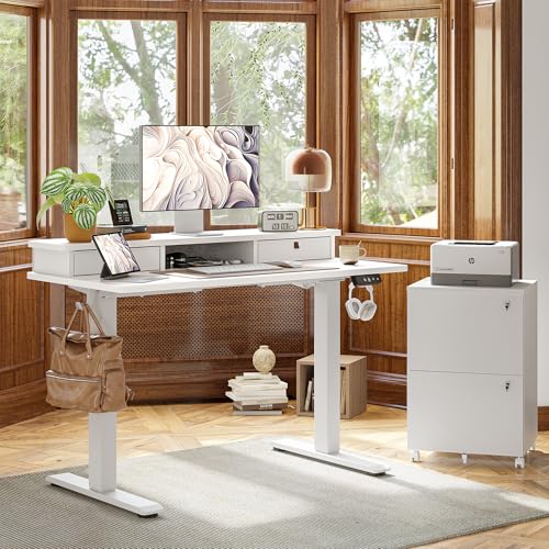TIQLAB Standing Desk with Two Drawers, Stand Up Standing Desk Adjustable Height, Electric Sit Stand Table with Storage Shelf and Splice Board, 55 * 24 inch, White TIQLAB