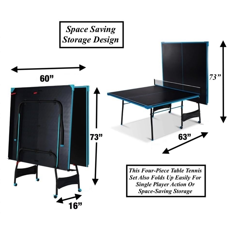 Black Blue Folding Rolling Table Tennis Table Indoor Ping Pong Table with 2 Paddles 2 Balls 1 Net and Post Set 4 Wheels for Easy Movement Perfect Christmas New Year Holiday Season Gifts Generic