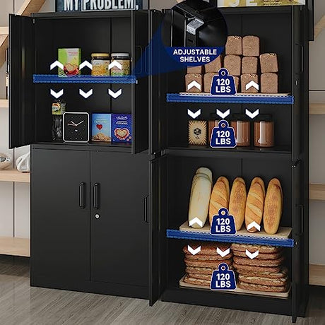 Yizosh Metal Storage Locking Cabinet with 4 Doors and 2 Adjustable Shelves,71" Lockable Garage Tall Steel Cabinet,for Home Office,Living Room,Pantry,Gym,Commercial Storage (Black) Yizosh