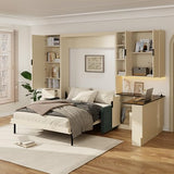 Quarte Queen Size Murphy Bed with Hydraulic Lift, Foldable Wall Bed with Sofa, Storage Shelves, USB Charging & LED Lighting, Space-Saving for Small Apartments Bedroom (Beige+Green Sofa) Quarte