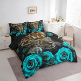 Erosebridal Cheetah King Size Comforter Set - Bedding Set King 7 Pieces,Turquoise Teal Rose Bed in a Bag Leopard Print African Animals Big Cat Bed Set with Comforter,Sheets,Pillowcases & Shams Erosebridal