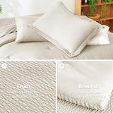 CozyLux Queen Comforter Set Beige - 7 Pieces Striped Seersucker Bed in a Bag, Soft Lightweight Boho Bedding Set with All Season Comforters Queen Size, Sheets, Pillowcases & Shams CozyLux