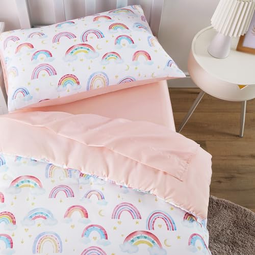Wake In Cloud - Rainbow Toddler Bedding Set for Girls, Cute Colorful Pastel Rainbow with Clouds, 4 Pieces Soft Crib Bed Set Including Comforter, Sheets and Pillowcase, White Pink Wake In Cloud
