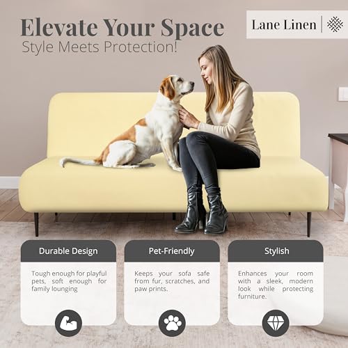 LANE LINEN Armless Futon Cover - Easy to Install Stretch Sofa Bed Slipcover, Soft Elastic Textured Full Size Cover, RV Couch Protector, Machine Washable - Pearl Ivory LANE LINEN
