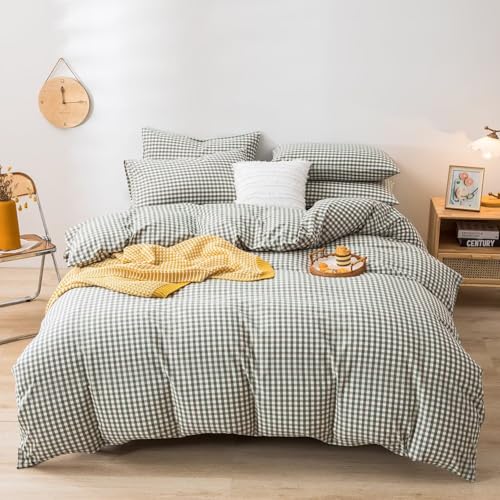 mixinni Green Gingham Comforter Set Queen, Plaid Comforter Set 3 Pieces 1 Green Grid Comfoter with 2 Pillow Cases for All Seasons, Soft Fluffy Modern Grid Pattern Printed Bedding-Queen Size mixinni