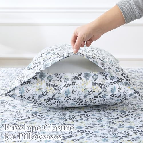 Mooreeke Cozy Vintage Microfiber Printed Twin Sheet Set - Soft Breathable Floral Bed Sheets with Deep Pocket - Non-Slip Fitted Design - Yellow Blue Gray Gradient Flowers Pattern Mooreeke
