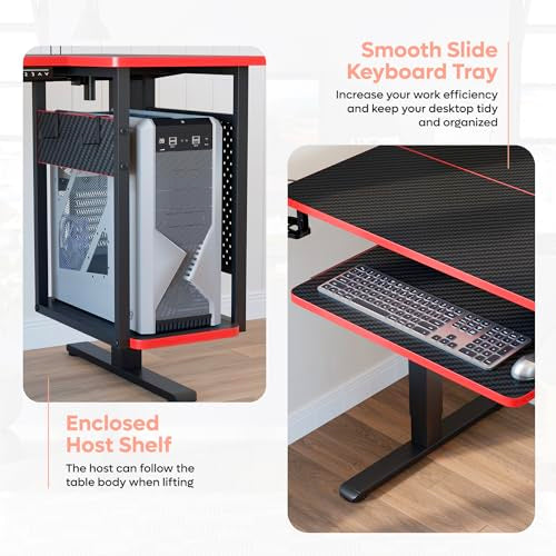 Bestier L Shaped Electric Standing Desk Adjustable Height with Keyboard Tray, Host Shelf & Pegboard (Black 3D Carbon Fiber with Red Edge) - WoodArtSupply